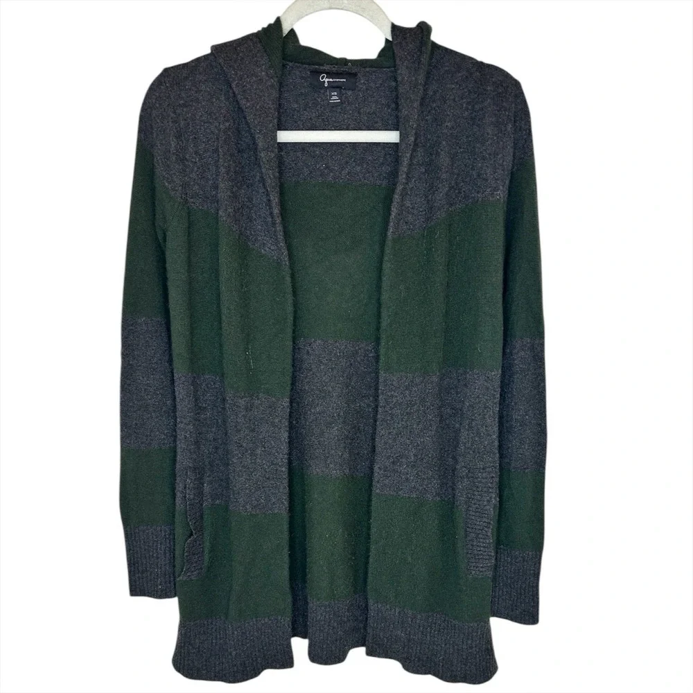 AQUA Cashmere Cardigan Sweater Hoodie XS Green Gray Stripes Open Front Luxury‎